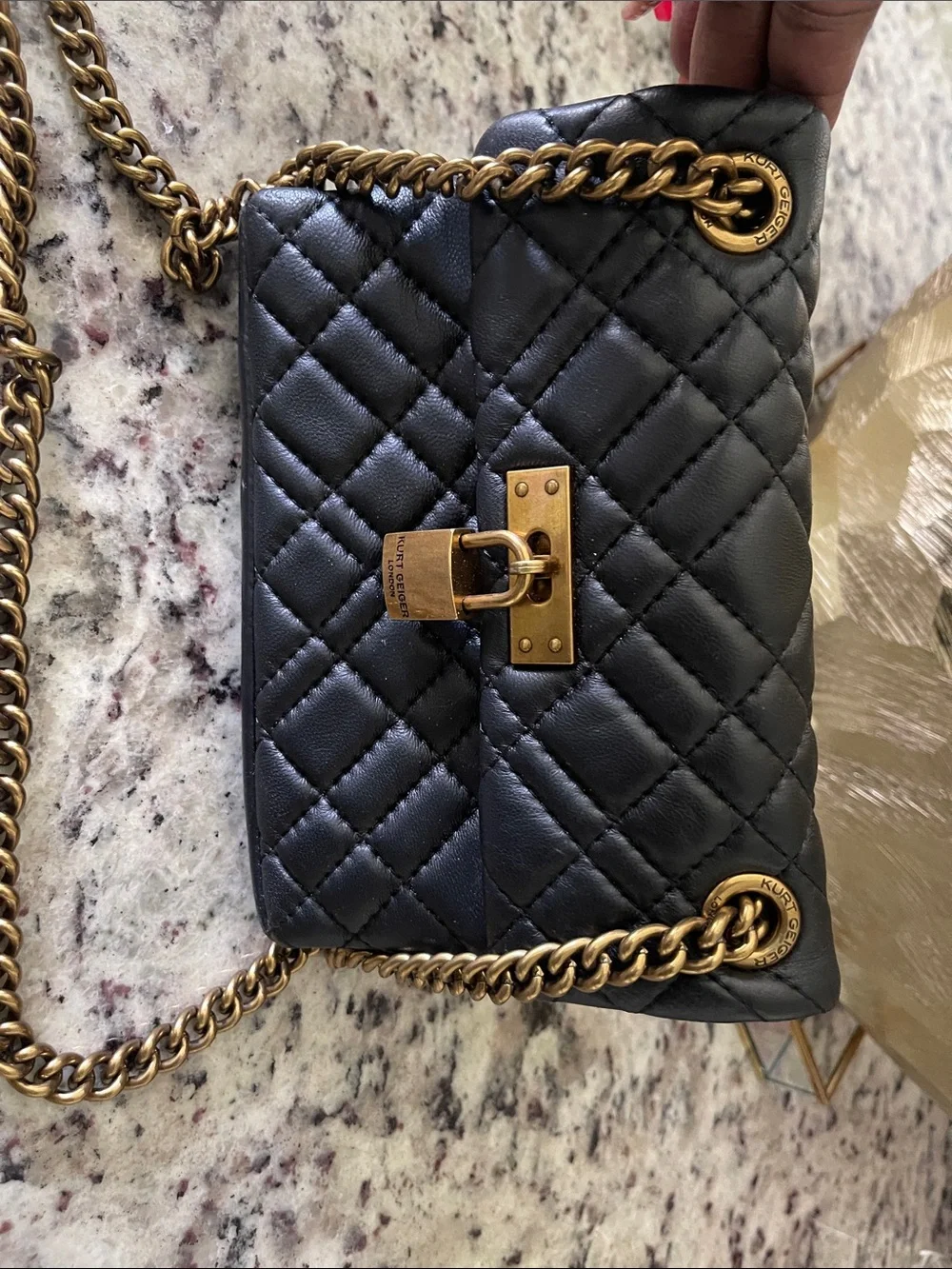 Kurt Geiger Black Quilted Leather Crossbody with Gold Chain